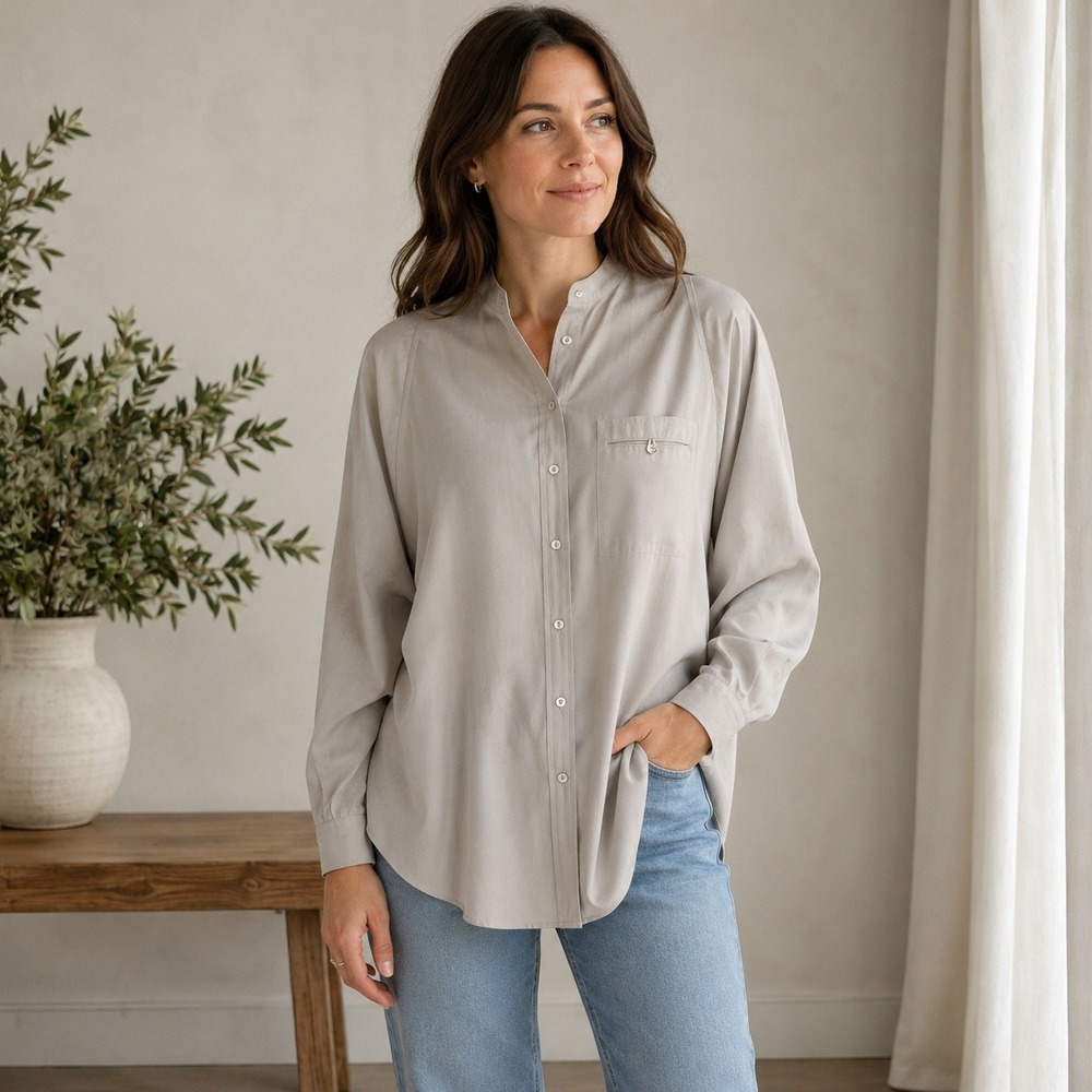 Jerry Regenbogen VTG 100% Silk Mandarin Collar Blouse Taupe Grey Tunic Size 4